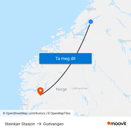 Steinkjer Stasjon to Gudvangen map