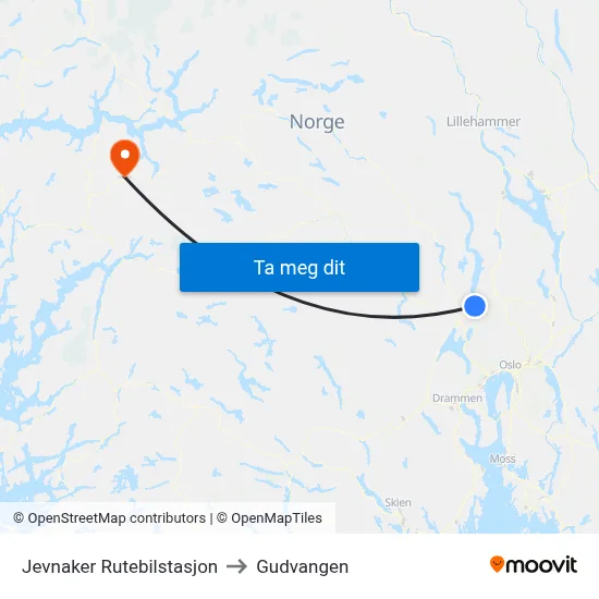 Jevnaker Rutebilstasjon to Gudvangen map