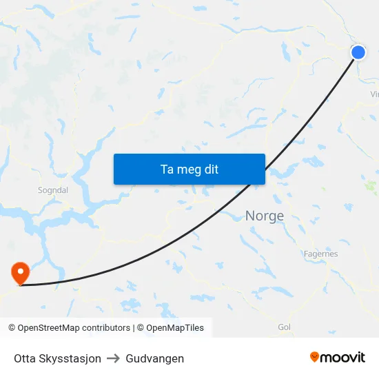 Otta Skysstasjon to Gudvangen map