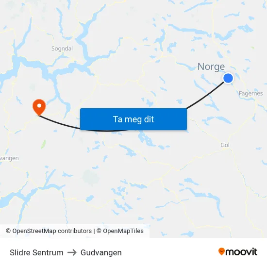 Slidre Sentrum to Gudvangen map