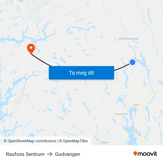 Raufoss Sentrum to Gudvangen map