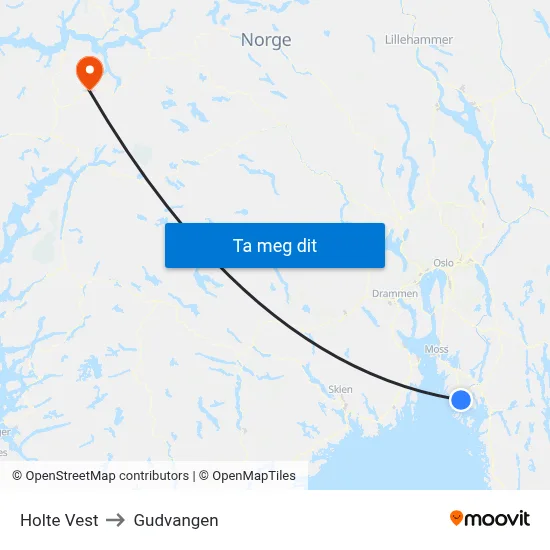 Holte Vest to Gudvangen map