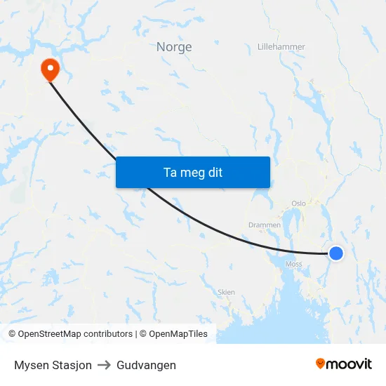 Mysen Stasjon to Gudvangen map
