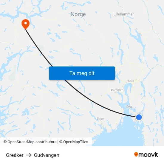 Greåker to Gudvangen map