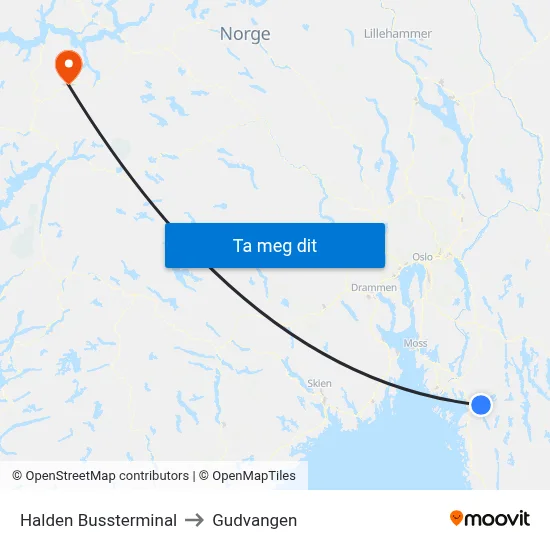 Halden Bussterminal to Gudvangen map