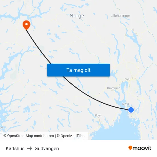Karlshus to Gudvangen map