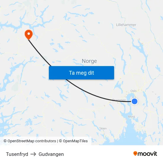 Tusenfryd to Gudvangen map