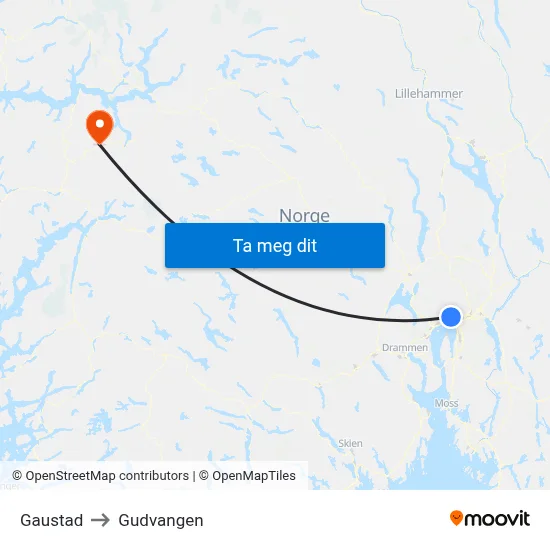 Gaustad to Gudvangen map