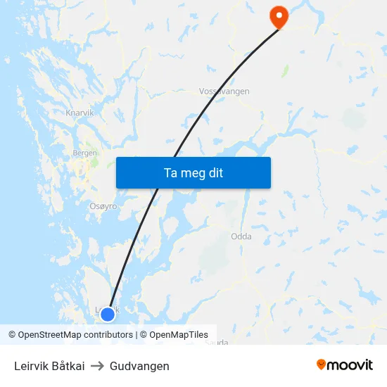 Leirvik Båtkai to Gudvangen map