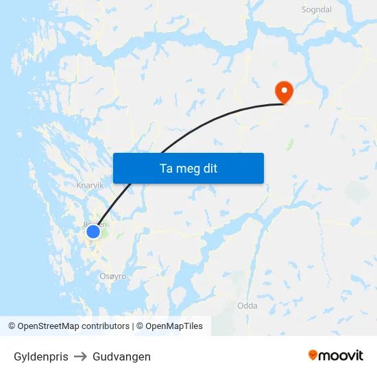 Gyldenpris to Gudvangen map