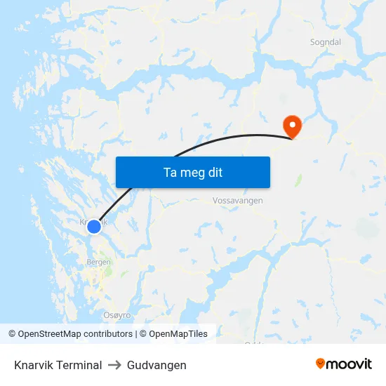 Knarvik Terminal to Gudvangen map