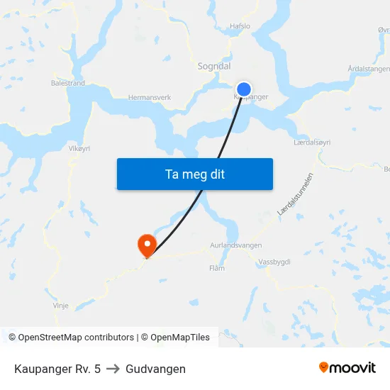 Kaupanger Rv. 5 to Gudvangen map