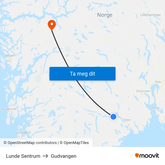 Lunde Sentrum to Gudvangen map