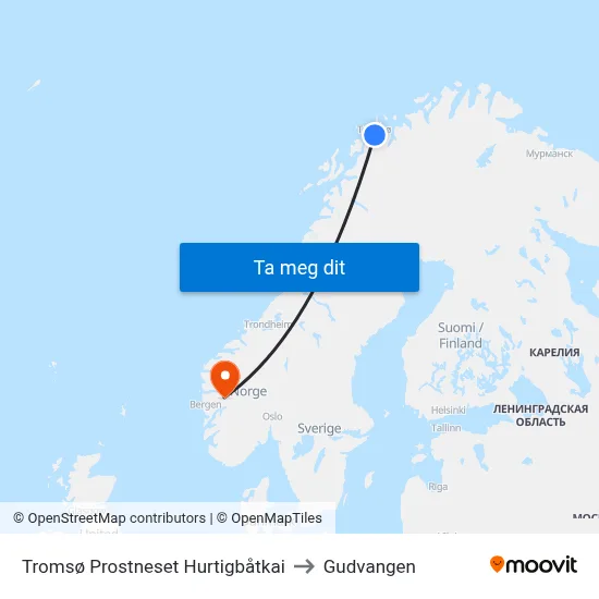 Tromsø Prostneset Hurtigbåtkai to Gudvangen map