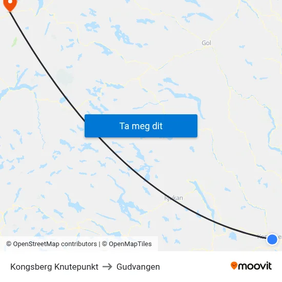 Kongsberg Knutepunkt to Gudvangen map