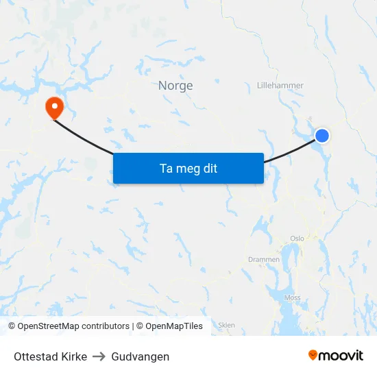 Ottestad Kirke to Gudvangen map