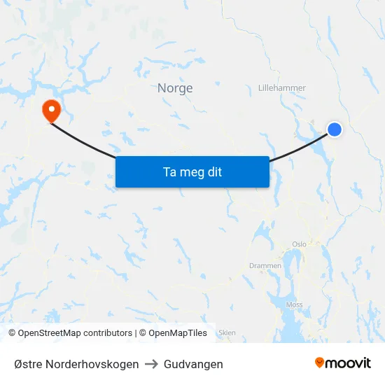 Østre Norderhovskogen to Gudvangen map
