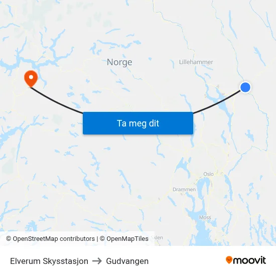 Elverum Skysstasjon to Gudvangen map