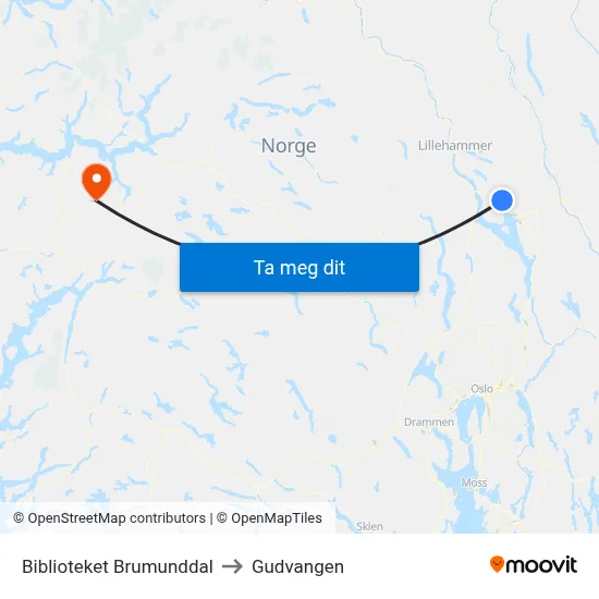 Biblioteket Brumunddal to Gudvangen map