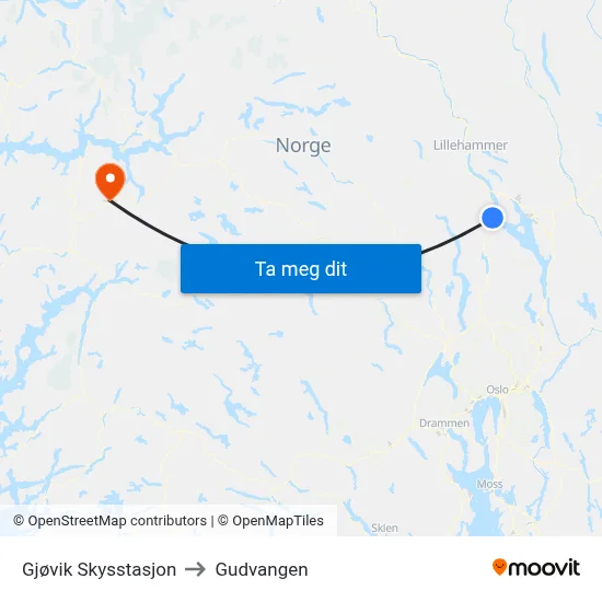 Gjøvik Skysstasjon to Gudvangen map