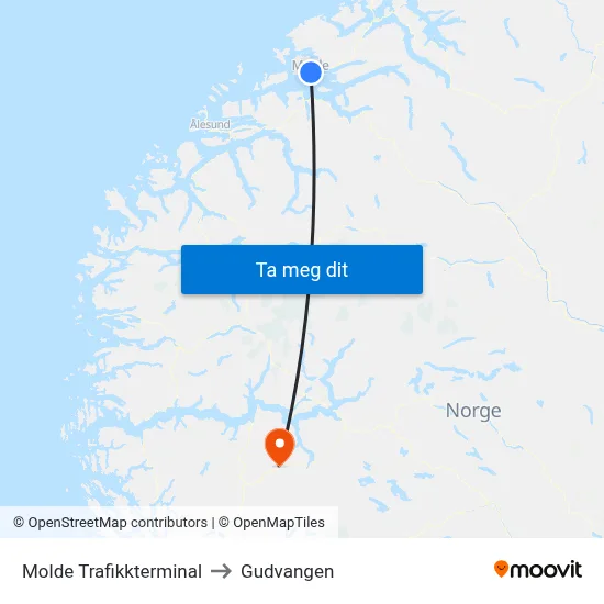 Molde Trafikkterminal to Gudvangen map