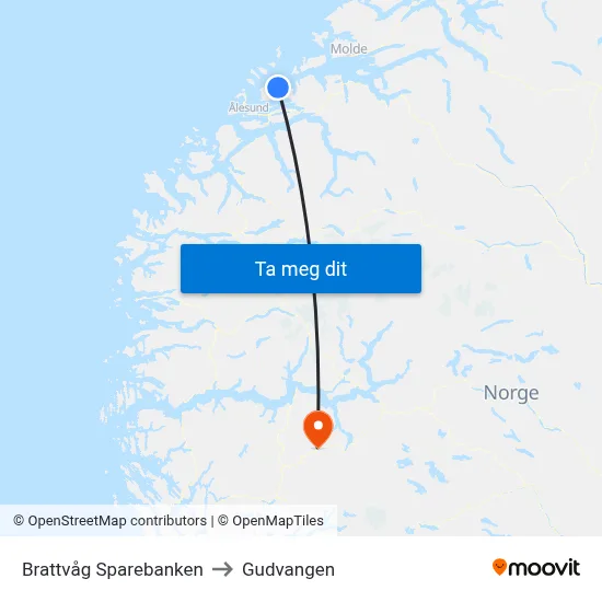 Brattvåg Sparebanken to Gudvangen map