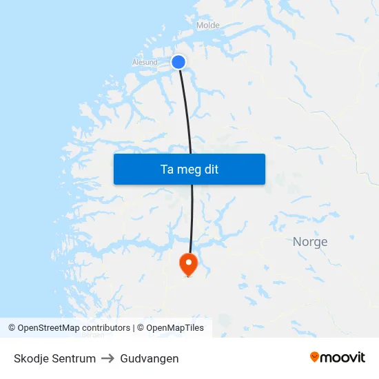 Skodje Sentrum to Gudvangen map