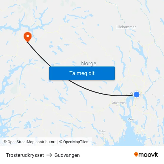 Trosterudkrysset to Gudvangen map