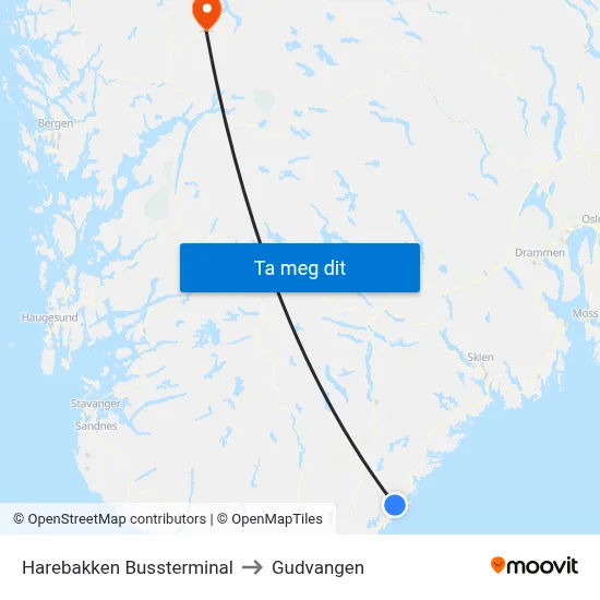 Harebakken Bussterminal to Gudvangen map