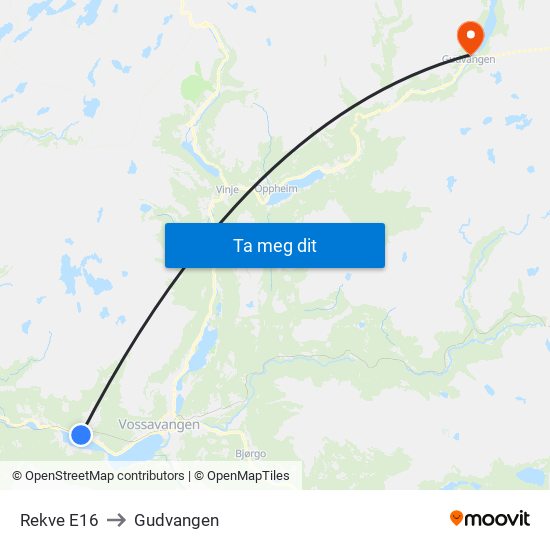 Rekve E16 to Gudvangen map