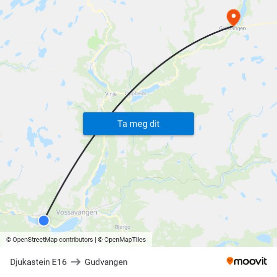 Djukastein E16 to Gudvangen map