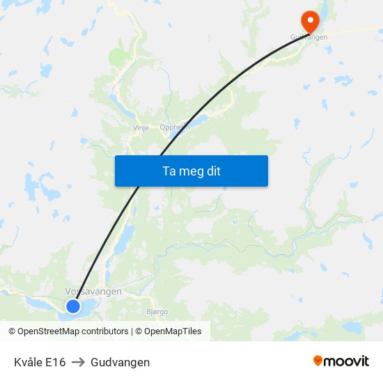 Kvåle E16 to Gudvangen map