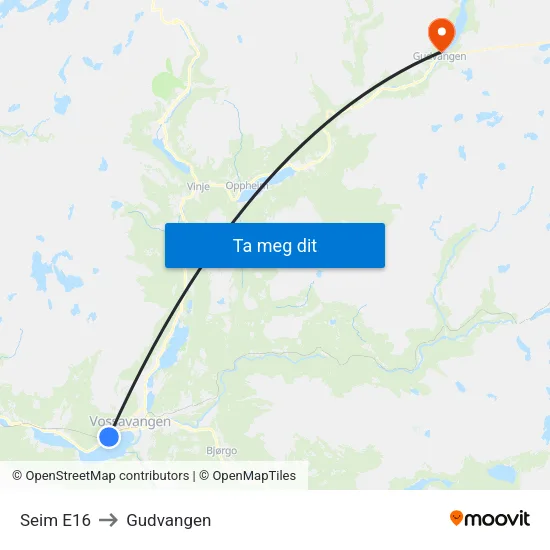 Seim E16 to Gudvangen map