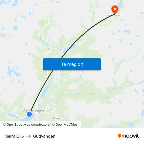 Seim E16 to Gudvangen map