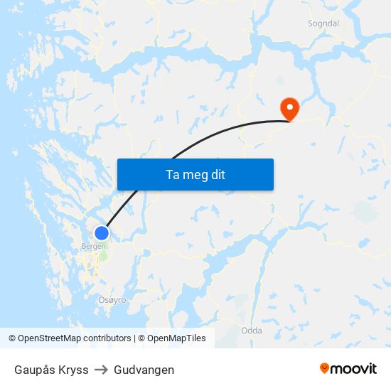 Gaupås Kryss to Gudvangen map