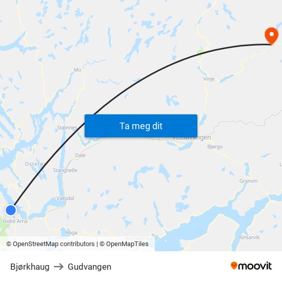 Bjørkhaug to Gudvangen map