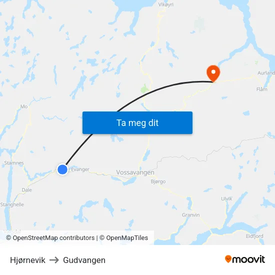 Hjørnevik to Gudvangen map