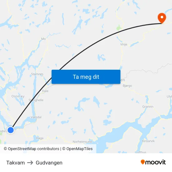 Takvam to Gudvangen map