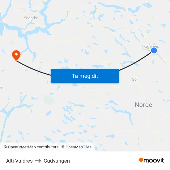 Alti Valdres to Gudvangen map