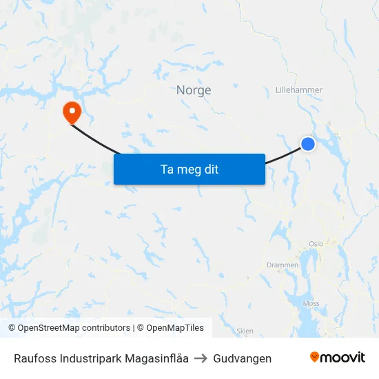 Raufoss Industripark Magasinflåa to Gudvangen map