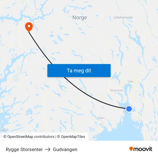 Rygge Storsenter to Gudvangen map
