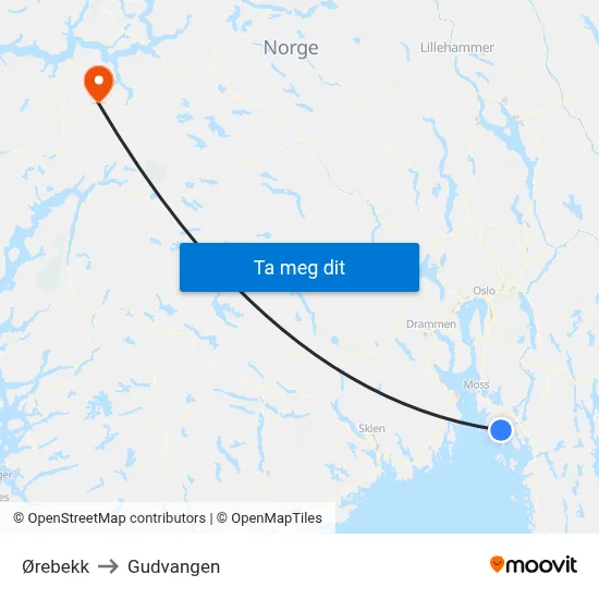 Ørebekk to Gudvangen map