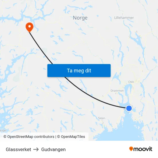 Glassverket to Gudvangen map
