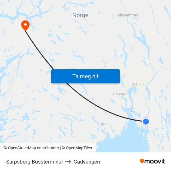 Sarpsborg Bussterminal to Gudvangen map