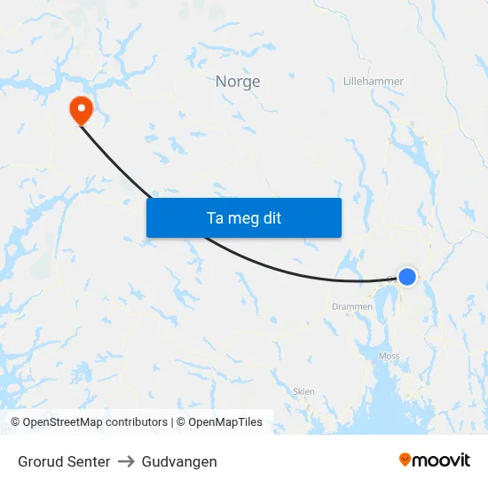 Grorud Senter to Gudvangen map