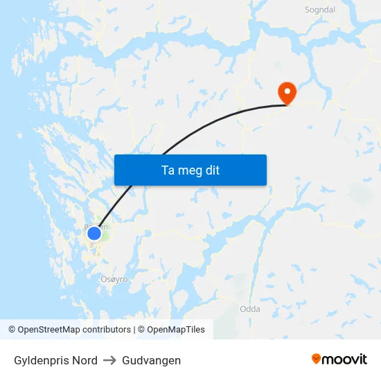 Gyldenpris Nord to Gudvangen map