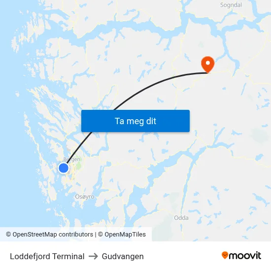 Loddefjord Terminal to Gudvangen map