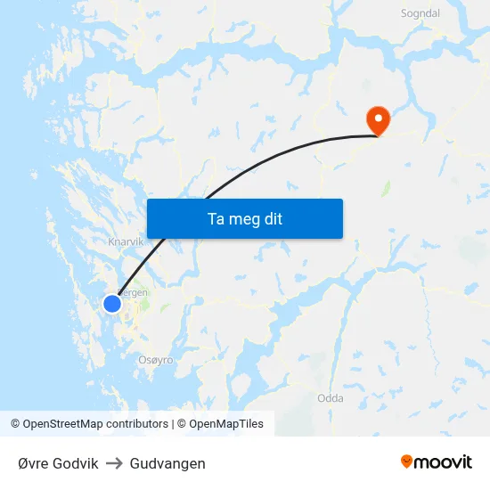 Øvre Godvik to Gudvangen map