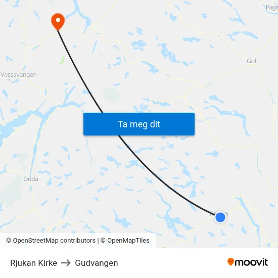 Rjukan Kirke to Gudvangen map
