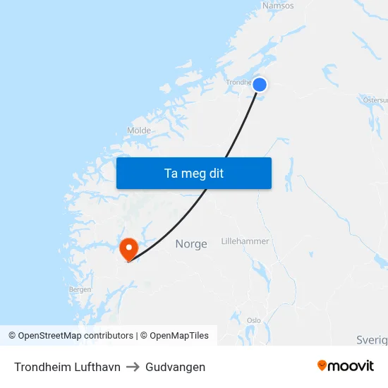 Trondheim Lufthavn to Gudvangen map